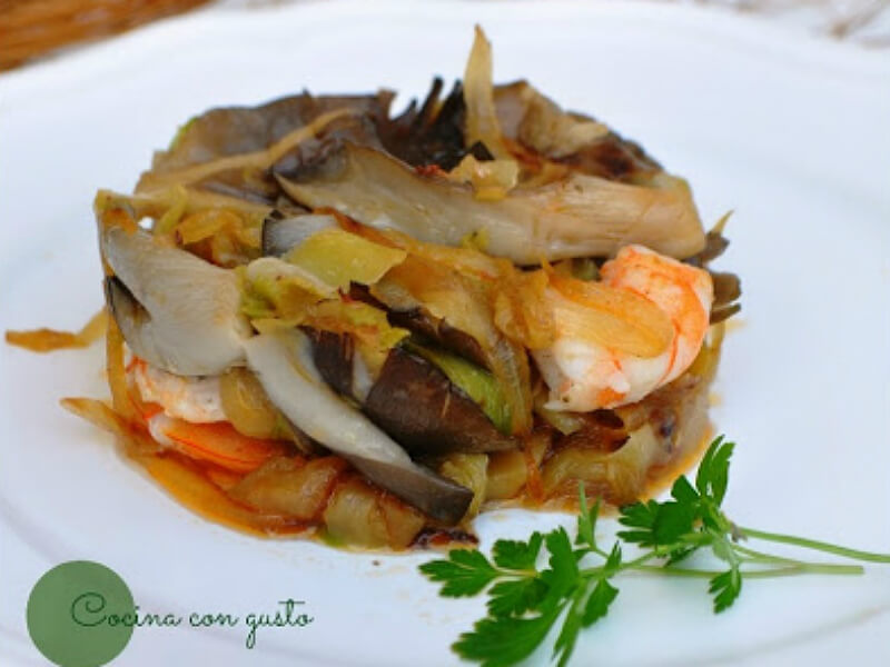 ##Salteado de verduras, setas y gambas